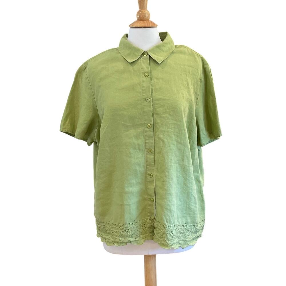 Style & Co. 100% Linen Green Button Down Short Sleeve Shirt, Eyelet Trim, 18W